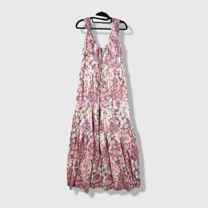Angie Floral Maxi Dress Women XL Pink Boho Cottagecore Tiered Sleeveless